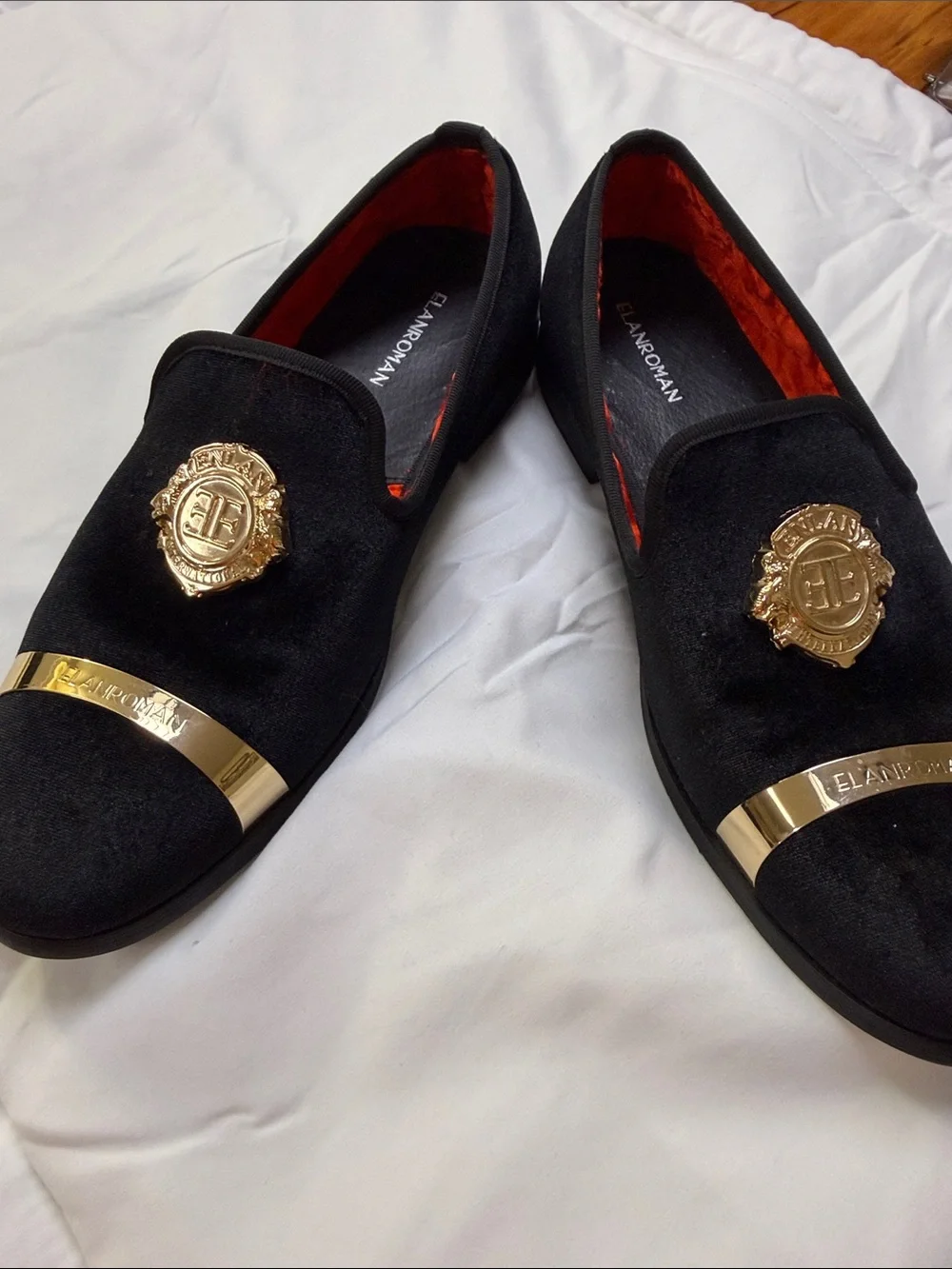 Black Velvet Slip-On Loafers with Gold Crest and Toe Bar by
